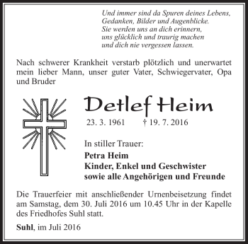 Traueranzeige von Detlef Heim von Südthüringer Presse