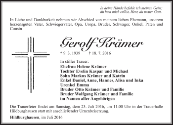 Traueranzeige von Gerolf Krämer von Südthüringer Presse
