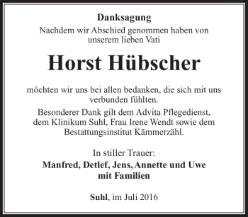 Traueranzeige von Horst Hübscher von Südthüringer Presse