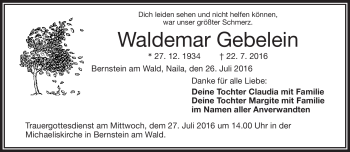 Traueranzeige von Waldemar Gebelein von Frankenpost