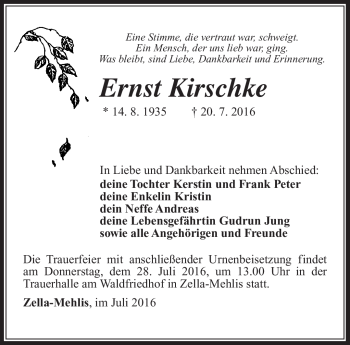 Traueranzeige von Ernst Kirschke von Südthüringer Presse