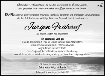 Traueranzeige von Jürgen Frühauf von Südthüringer Presse