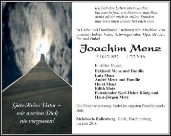 Traueranzeige von Joachim Menz von Südthüringer Presse