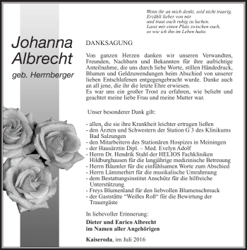 Traueranzeige von Johanna Albrecht von Südthüringer Presse