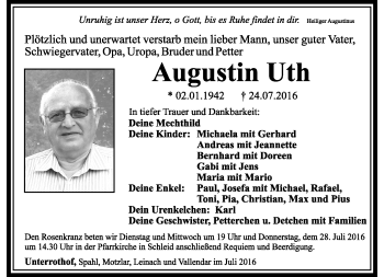Traueranzeige von Augustin Uth von Südthüringer Presse
