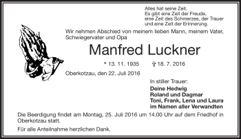 Traueranzeige von Manfred Luckner von Frankenpost