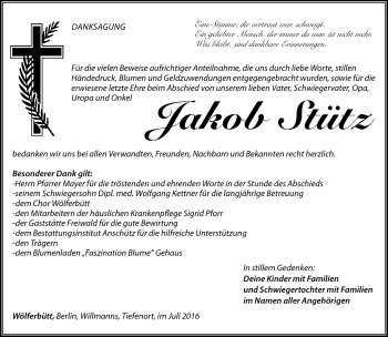 Traueranzeige von Jakob Stütz von Südthüringer Presse