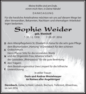 Traueranzeige von Sophie Weider von Südthüringer Presse