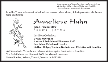 Traueranzeige von Anneliese Huhn von Südthüringer Presse