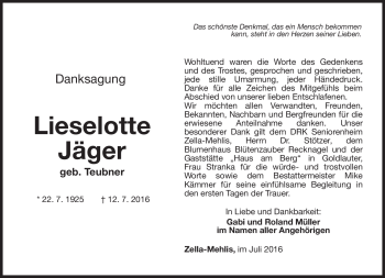 Traueranzeige von Lieselotte Jäger von Südthüringer Presse