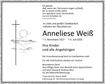 Traueranzeige von Anneliese Weiß von Frankenpost