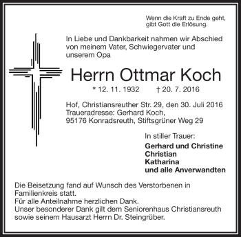 Traueranzeige von Ottmar Koch von Frankenpost