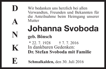 Traueranzeige von Johanna Svoboda von Südthüringer Presse