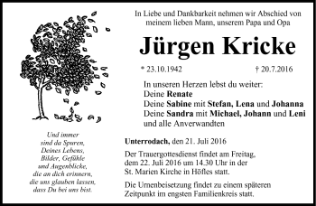 Traueranzeige von Jürgen Kricke von Neue Presse Coburg