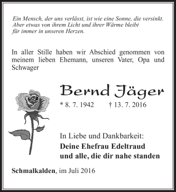 Traueranzeige von Bernd Jäger von Südthüringer Presse