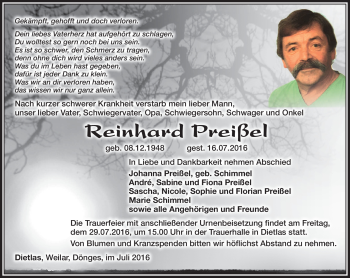 Traueranzeige von Reinhard Preißel von Südthüringer Presse