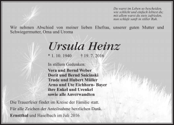 Traueranzeige von Ursula Heinz von Südthüringer Presse