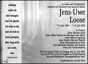 Traueranzeige von Jens-Uwe Loose von Südthüringer Presse