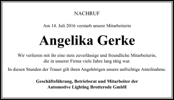 Traueranzeige von Angelika Gerke von Südthüringer Presse