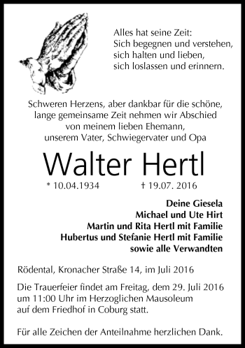 Traueranzeige von Walter Hertl von Neue Presse Coburg