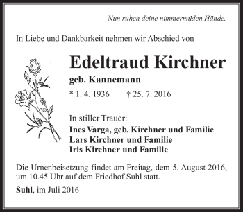 Traueranzeige von Edeltraud Kirchner von Südthüringer Presse