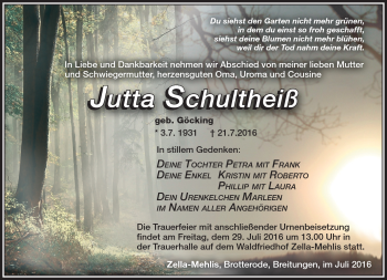 Traueranzeige von Jutta Schultheiß von Südthüringer Presse