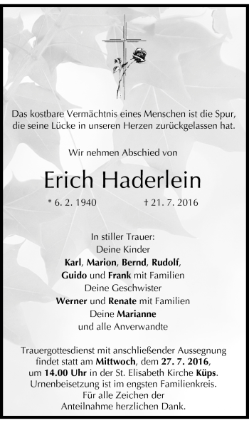 Traueranzeige von Erich Haderlein von Neue Presse Coburg