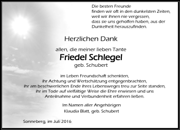Traueranzeige von Friedel Schlegel von Südthüringer Presse
