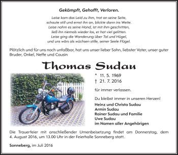 Traueranzeige von Thomas Sudau von Südthüringer Presse