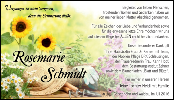 Traueranzeige von Rosemarie Schmidt von Südthüringer Presse