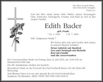 Traueranzeige von Edith Bader von Frankenpost