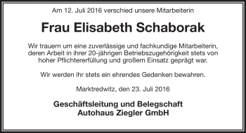 Traueranzeige von Elisabeth Schaborak von Frankenpost