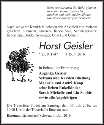 Traueranzeige von Horst Geisler von Südthüringer Presse