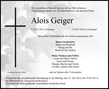 Traueranzeige von Alois Geiger von Neue Presse Coburg