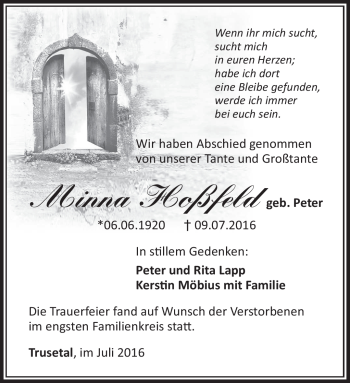 Traueranzeige von Minna Hoßfeld von Südthüringer Presse