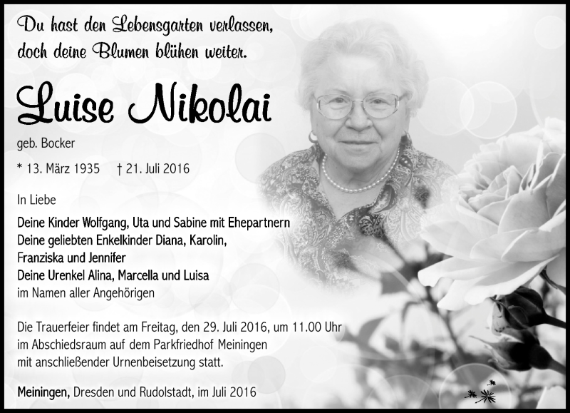  Traueranzeige für Luise Nikolai vom 26.07.2016 aus Südthüringer Presse