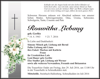 Traueranzeige von Roswitha Liebaug von Südthüringer Presse
