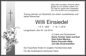 Traueranzeige von Willi Einsiedel von Frankenpost