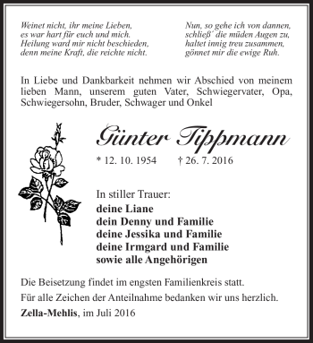 Traueranzeige von Günter Tippmann von Südthüringer Presse