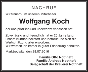 Traueranzeige von Wolfgang Koch von Frankenpost