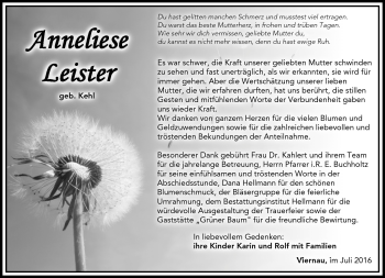 Traueranzeige von Anneliese Leister von Südthüringer Presse