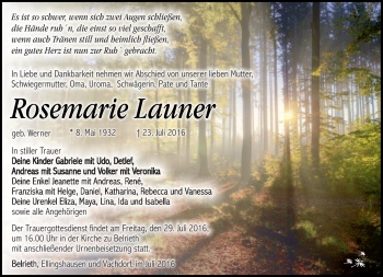 Traueranzeige von Rosemarie Launer von Südthüringer Presse