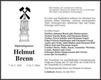 Traueranzeige von Helmut Brenn von Südthüringer Presse