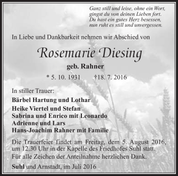 Traueranzeige von Rosemarie Diesing von Südthüringer Presse
