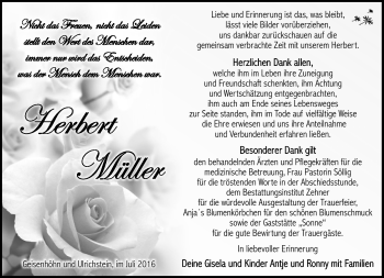 Traueranzeige von Herbert Müller von Südthüringer Presse