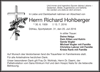 Traueranzeige von Richard Hohberger von Frankenpost