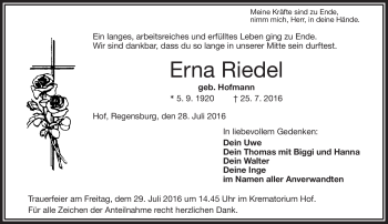Traueranzeige von Erna Riedel von Frankenpost
