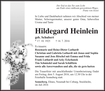 Traueranzeige von Hildegard Heinlein von Südthüringer Presse