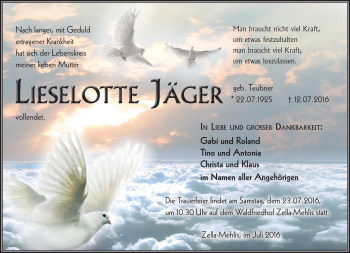 Traueranzeige von Lieselotte Jäger von Südthüringer Presse