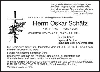 Traueranzeige von Oskar Schätz von Frankenpost